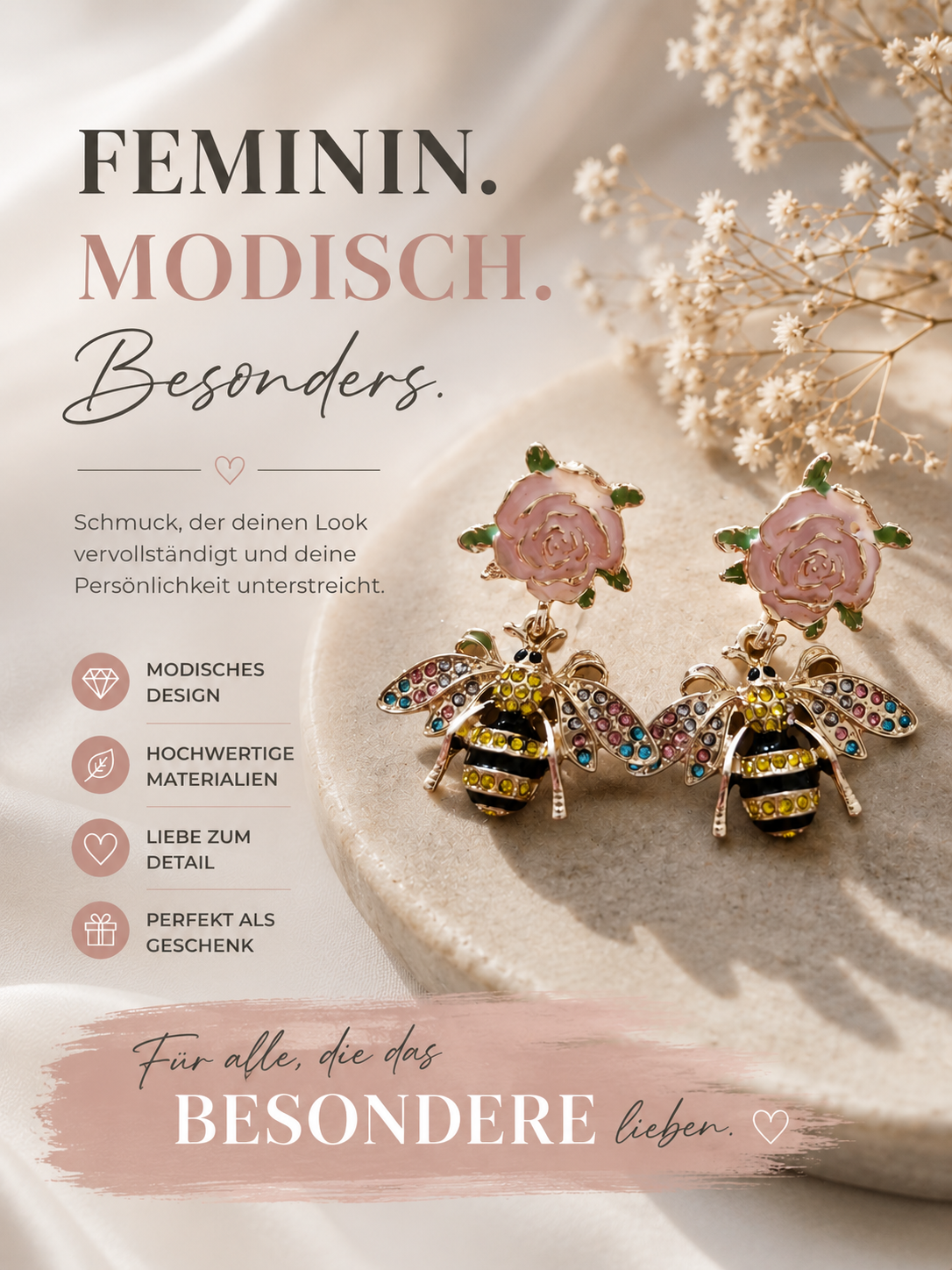 🐝Bienen Ohrringe mit Rosen🌹Modischer StatemenSchmuck