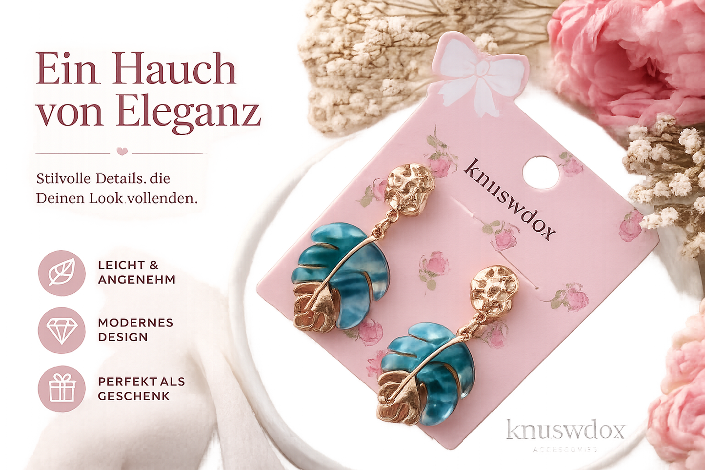 🌿Elegante Blatt Ohrhänger in Blau & Gold