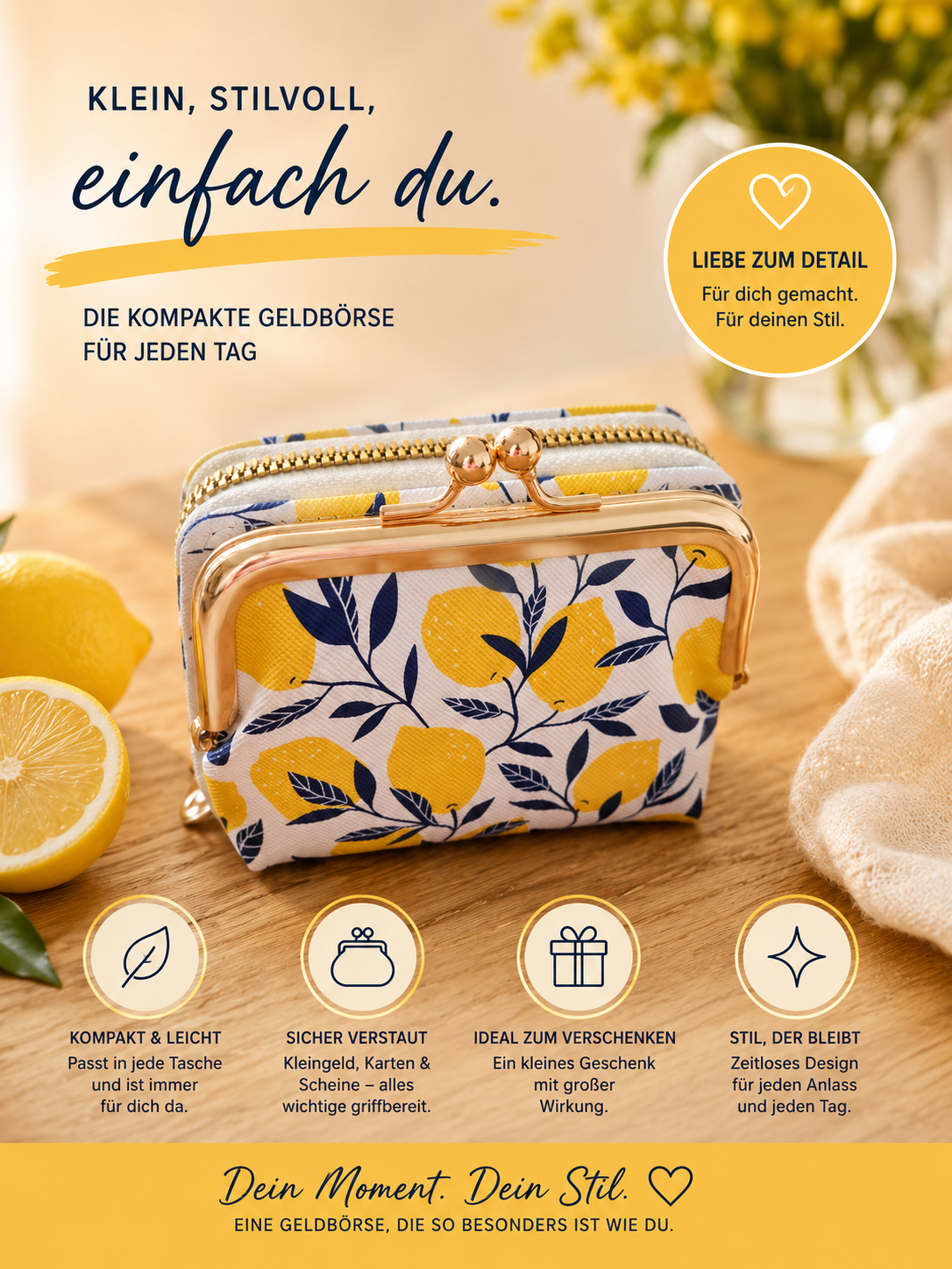 🍋 ZitronenGeldbörse mit Bügelverschluss & Reißverschlussfach