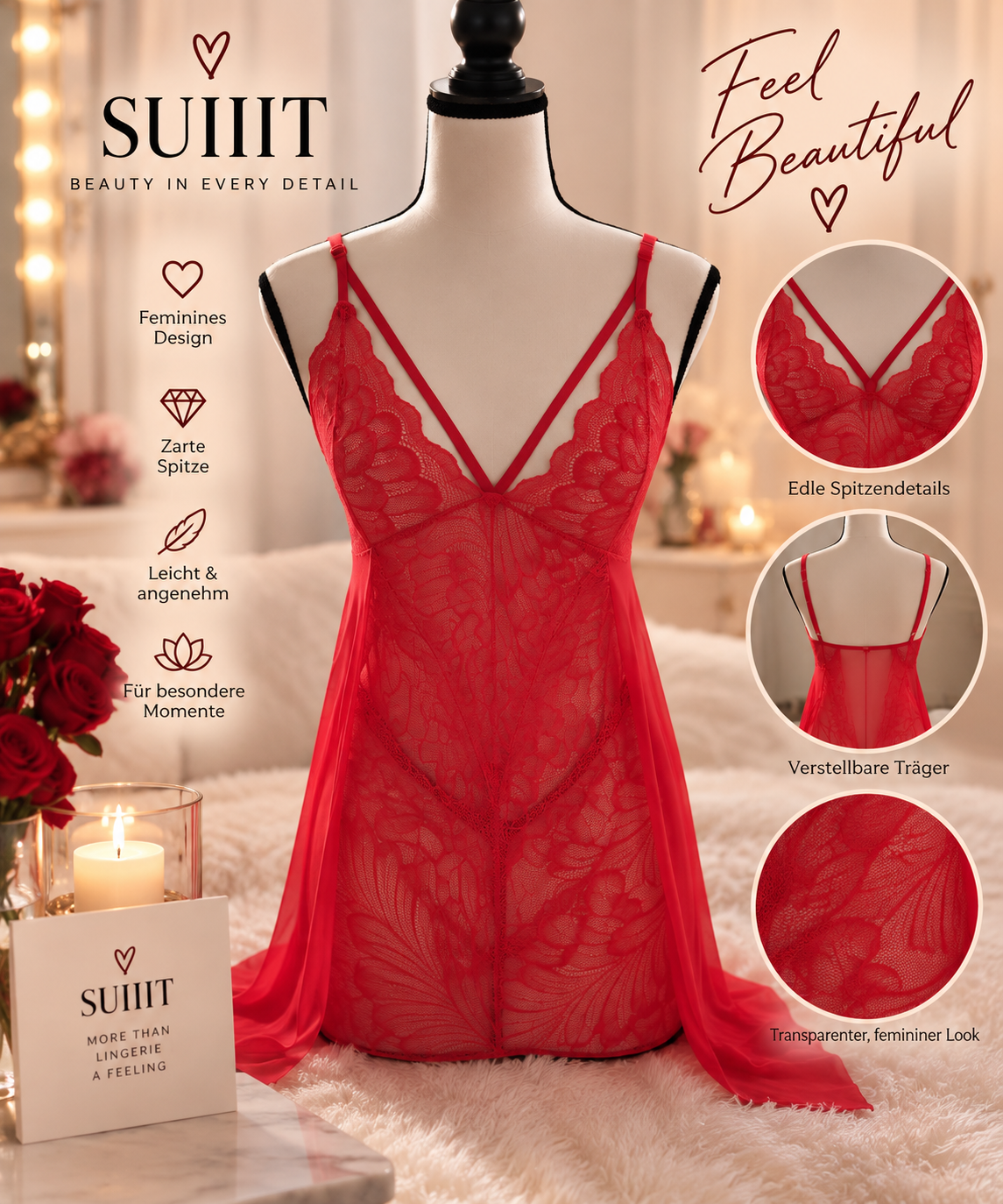 SUIIIT „Rouge Passion“ – Spitzen-Negligé Set🌺