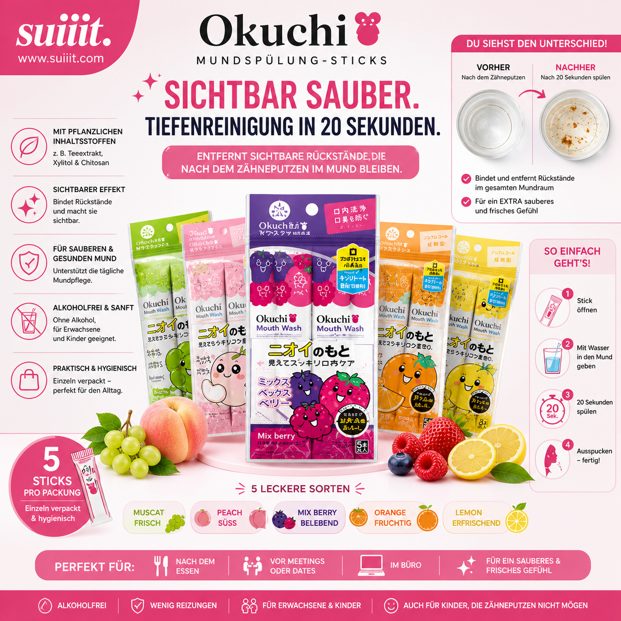 Okuchi Mundspülung Sticks (5er Pack) Frischer Atem in 20 Sekunden ✨