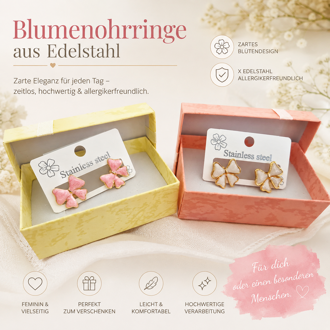 🌸 Blütenohrstecker aus Edelstahl  Rosa Eleganz 🌸