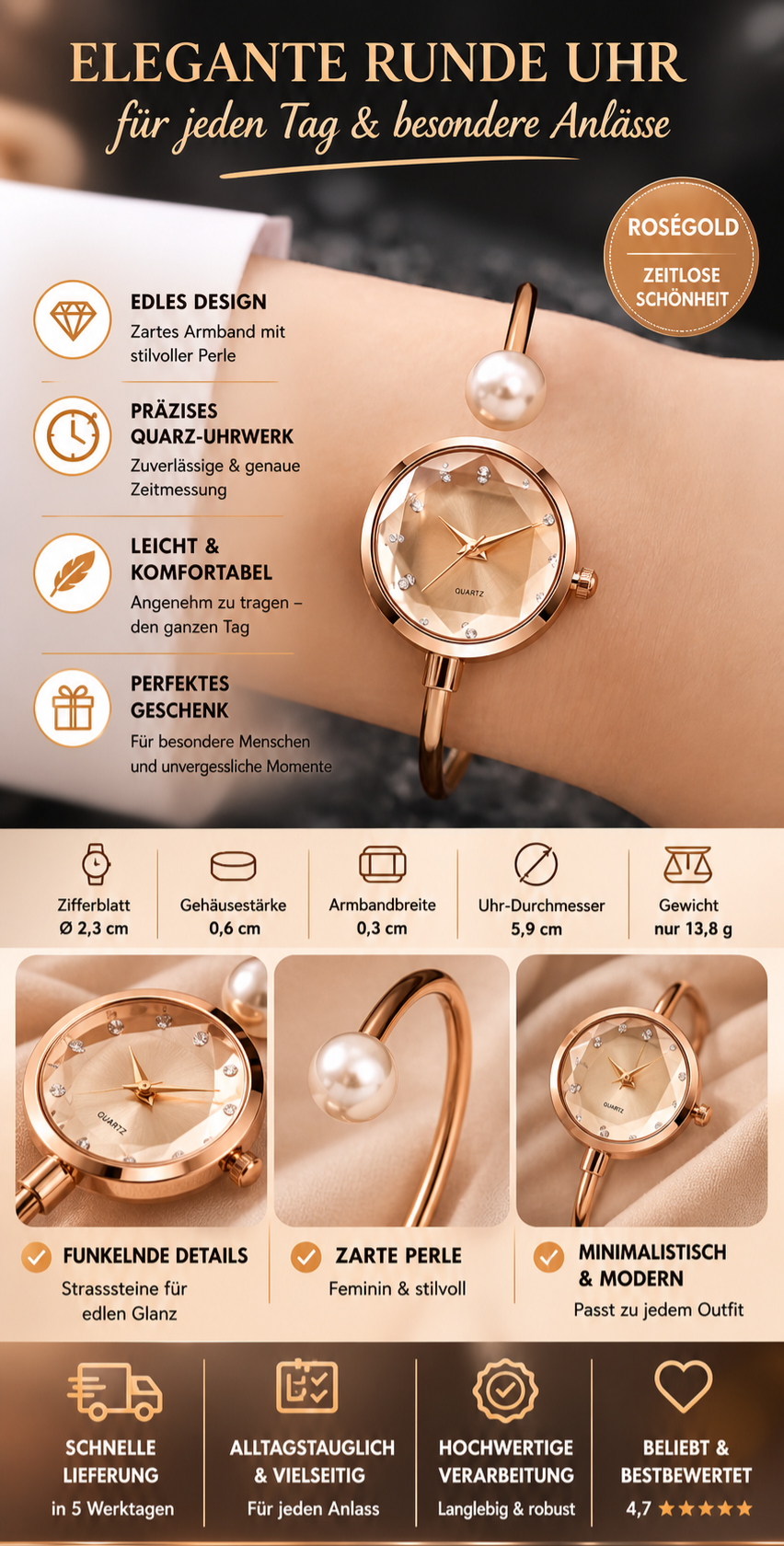 ✨ Elegante Damen-Armbanduhr in Roségold